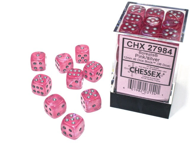 Chessex Dice: Borealis - 12mm d6 Pink/Silver Luminary (36)