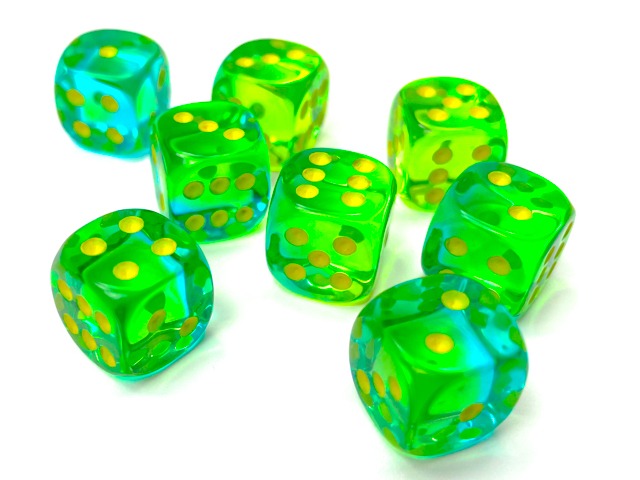 Chessex 12mm D6 Gemini Green-Teal/Yellow - Luminary Dice Block (36 dice)