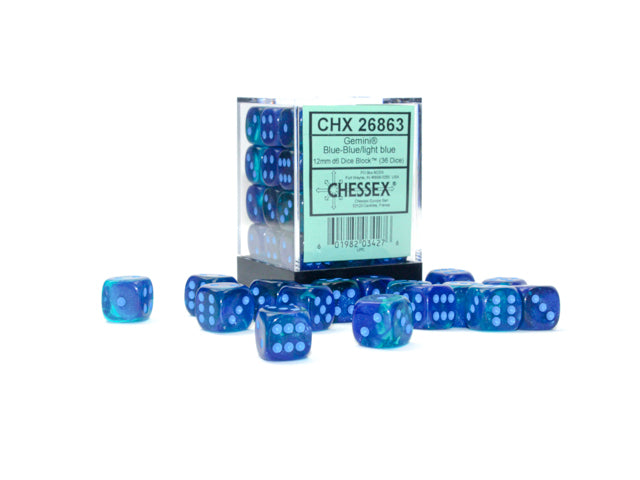 Chessex Borealis 12mm D6 Gemini Blue/Light Blue - Luminary Dice Block (36 dice)