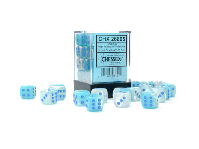 Chessex Borealis 12mm D6 Gemini Pearl Turquoise-White/Blue - Luminary Dice Block (36 dice)