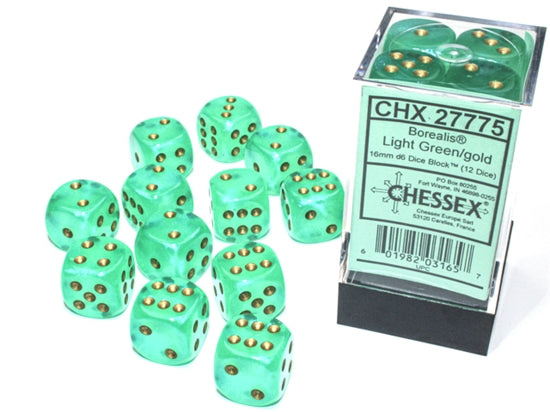 Chessex Dice: 12mm d6 Borealis: Light Green/Gold (12)