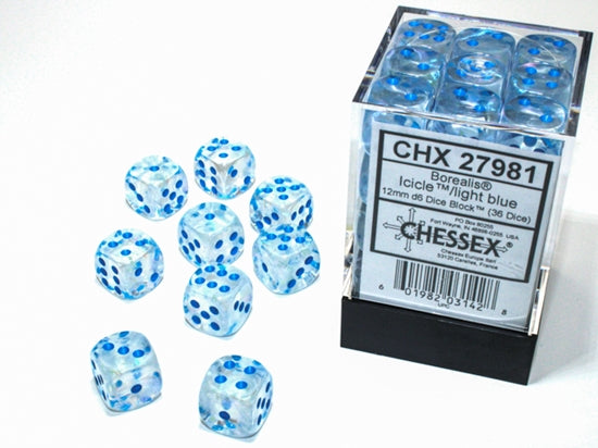 Chessex Dice: 12mm d6 Borealis: Icicle/Light Blue (36)