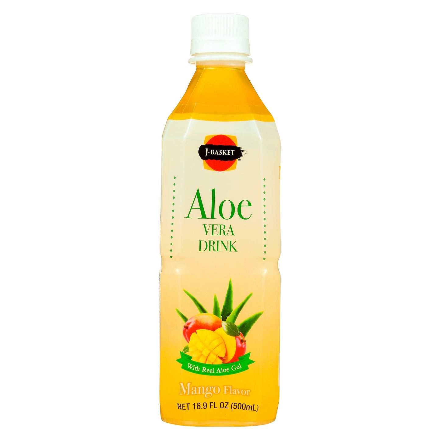 Bottle of J-Basket Aloe Vera Drink Mango Flavor on a white background
