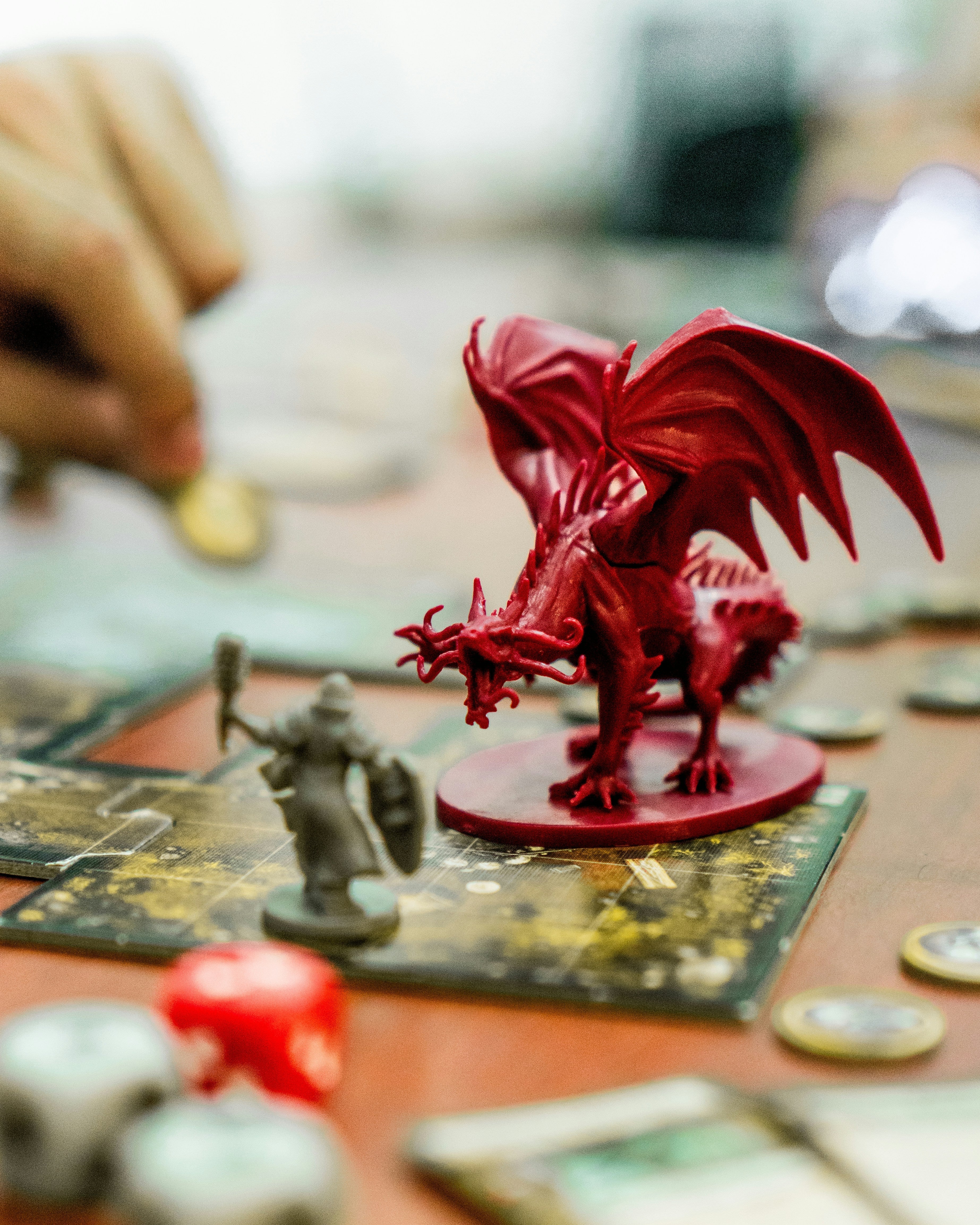 Two friends learning how to play D&D, using a grid map, miniatures, and potion props during a beginner-friendly Dungeons & Dragons session.