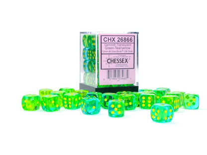 Chessex 12mm D6 Gemini Green-Teal/Yellow - Luminary Dice Block (36 dice)