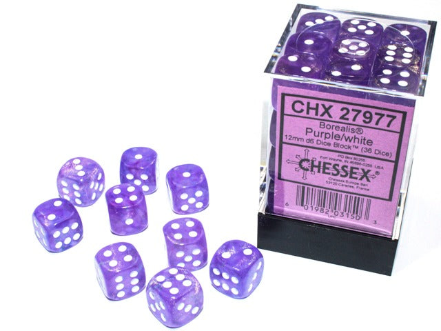 Chessex Dice: Borealis - 12mm d6 Purple/White Luminary (36)