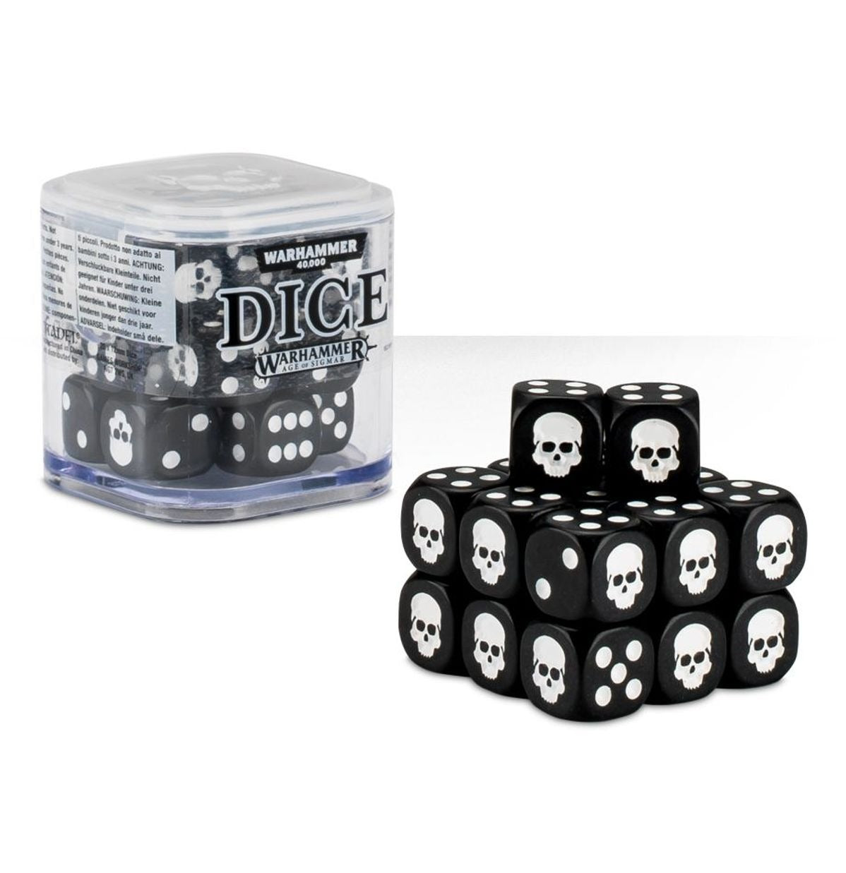 Set of black dice with white skull designs, including a clear container labeled 'Warhammer Dice'.