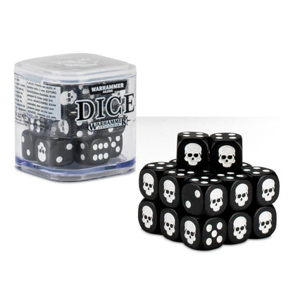 Set of black dice with white skull designs, including a clear container labeled 'Warhammer Dice'.
