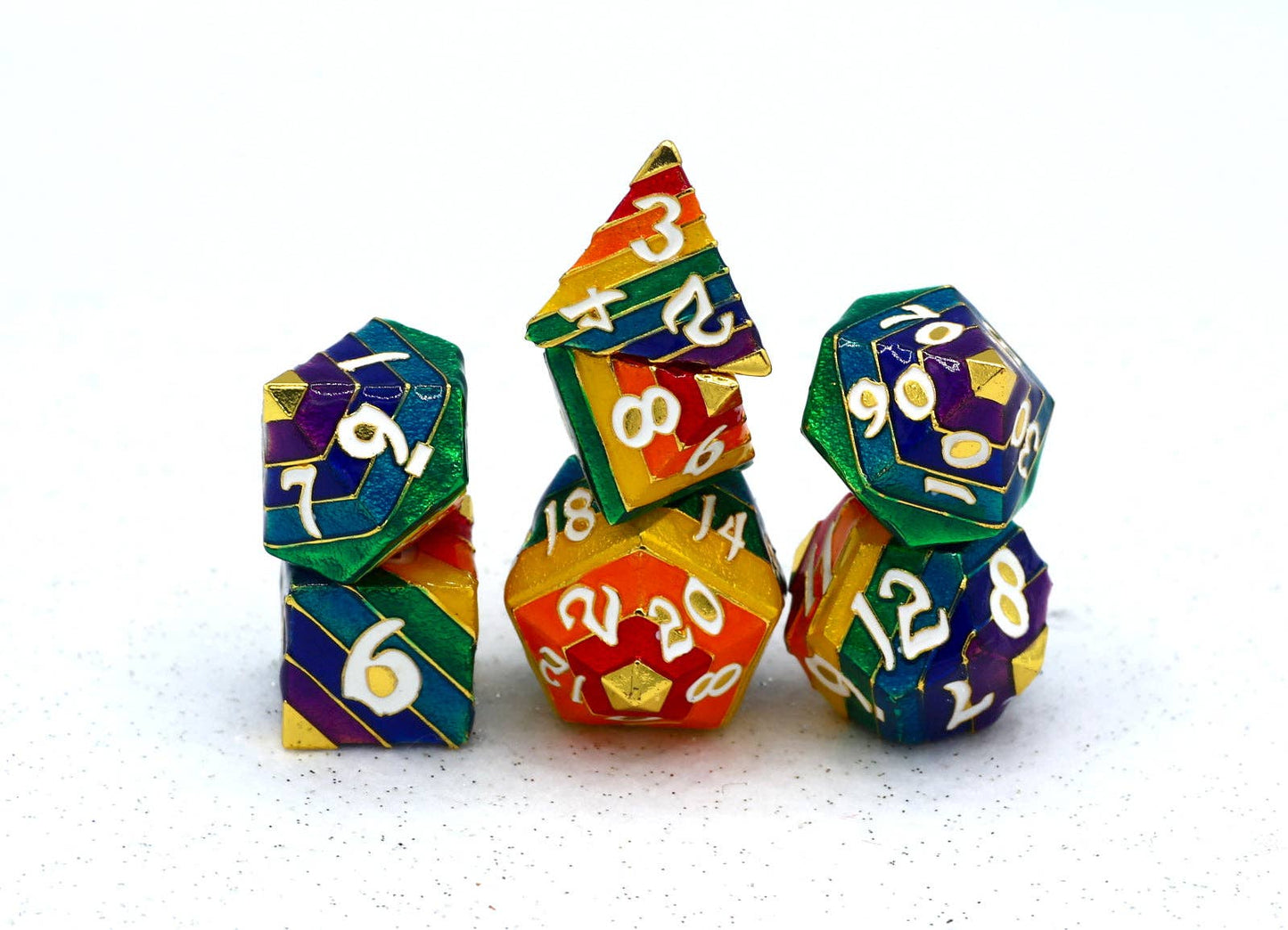 Rainbow Pride solid metal dice set - Gold with White