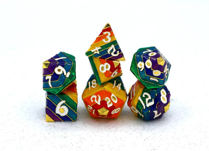 Rainbow Pride solid metal dice set - Gold with White