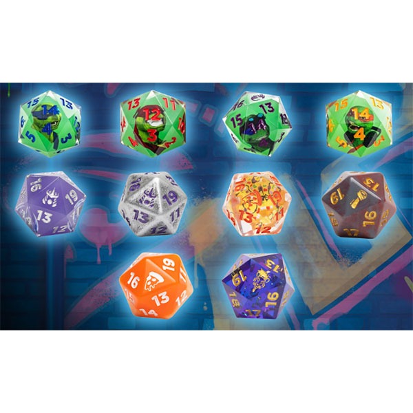Collection of colorful polyhedral dice on a blue background