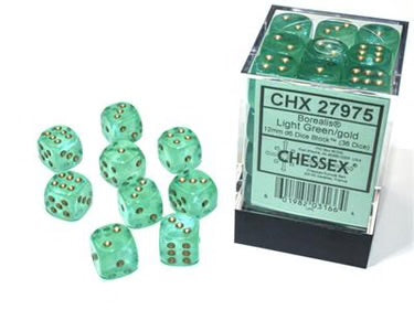Chessex Dice: Borealis - 12mm d6 Light Green/Gold Luminary (36)