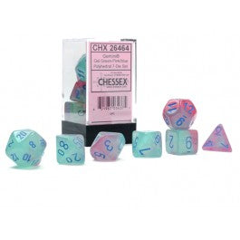 Chessex Gemini Gel Green-Pink/Blue Luminary 7 Die Set - Scroll and Circuit Games
