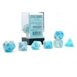 Chessex Gemini Pearl Turquoise-White/Blue Luminary 7 Die Set - Scroll and Circuit Games