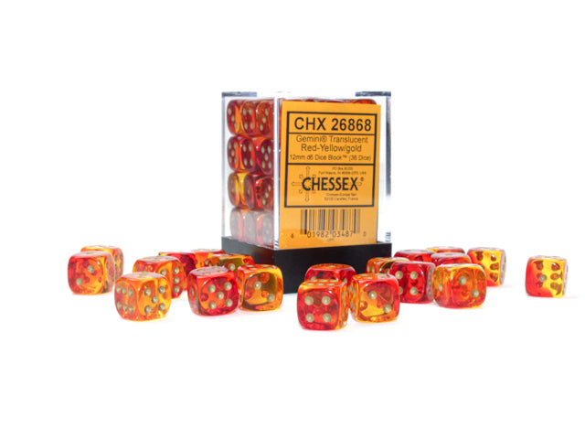 Chessex 12mm D6 Gemini Translucent Red-Yellow/Gold - Luminary Dice Block (36 dice) (Copy)