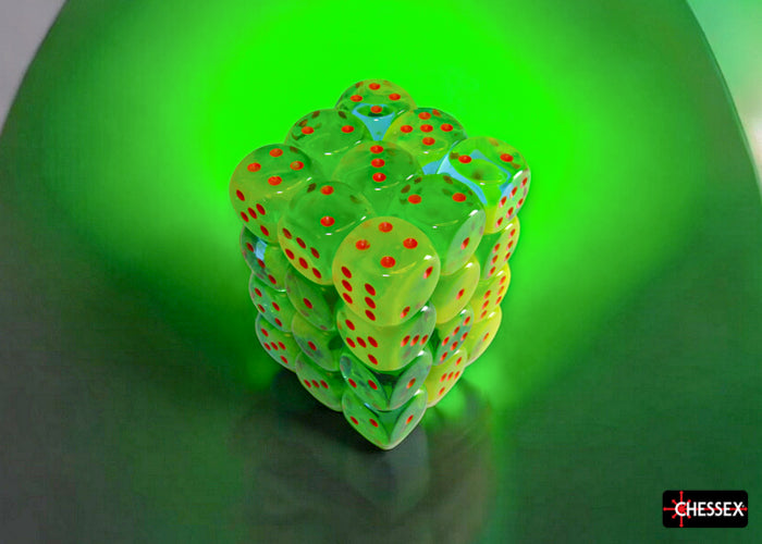 Stack of translucent, green, d6, dice with orange dots on a green background