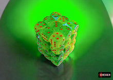 Stack of translucent, green, d6, dice with orange dots on a green background
