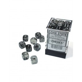 Chessex Borealis 12mm d6 Light Smoke/silver Luminary Dice Block (36 dice) - Scroll and Circuit Games