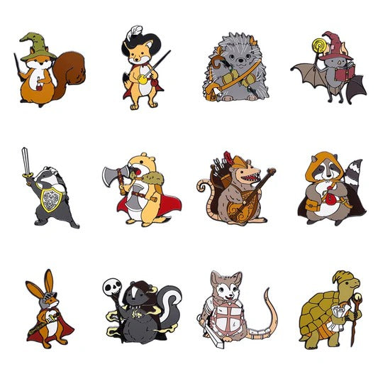 Collection of cartoon animal character enamel pins in various costumes on a white background