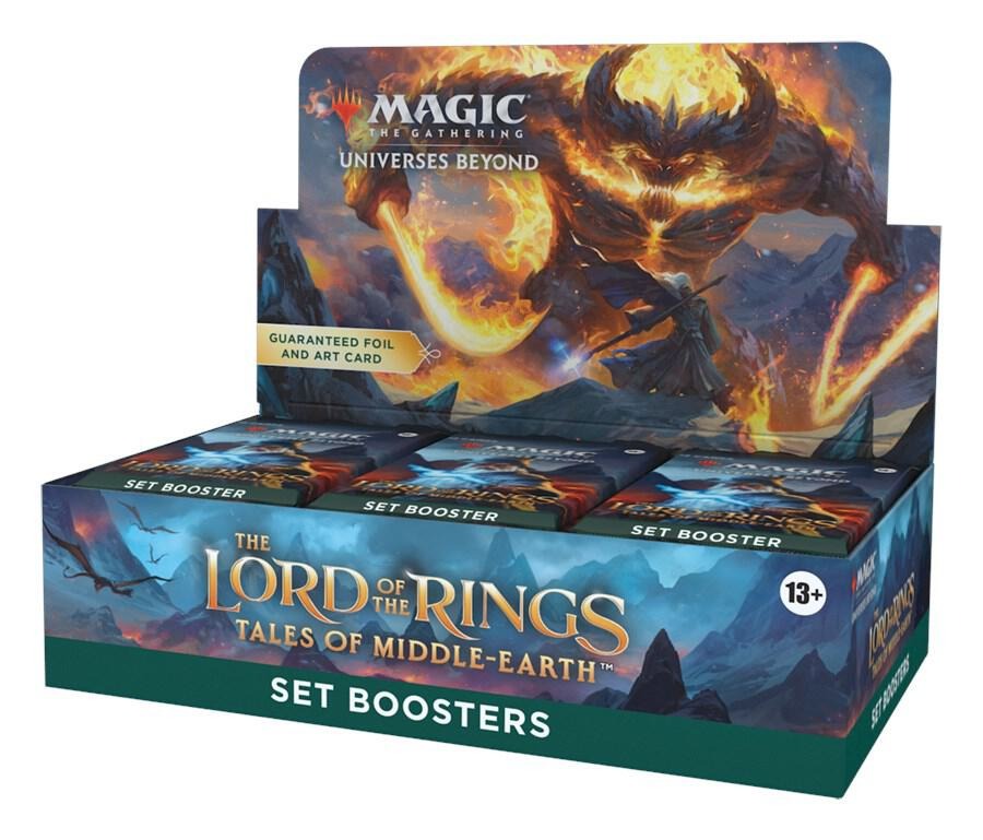 Box of 'Magic: The Gathering' and 'The Lord of the Rings' set boosters with Balrog illustration.