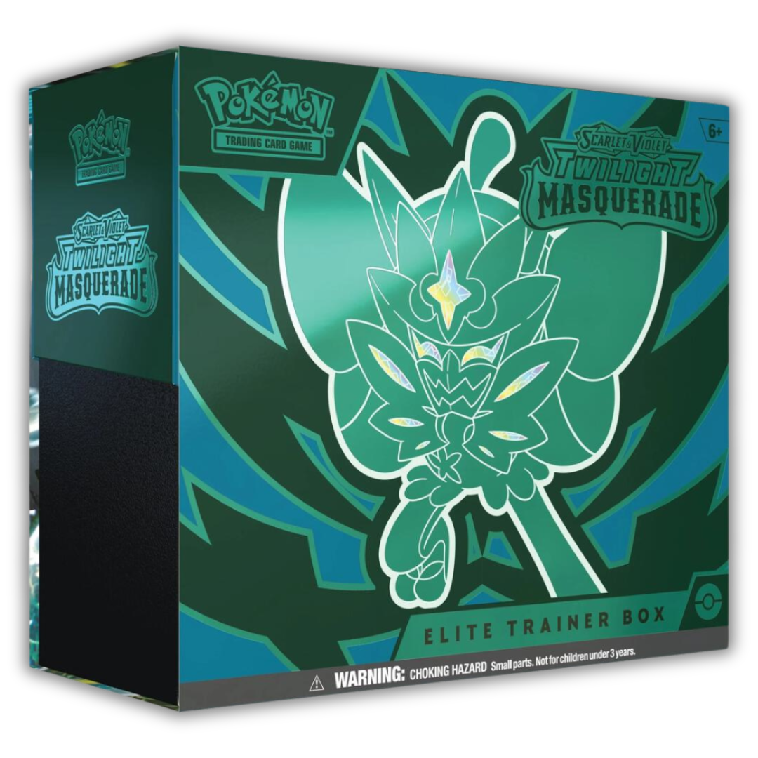 Image of a sealed Pokémon TCG Twilight Masquerade Elite Trainer Box featuring Ogerpon, includes 9 booster packs, sleeves, dice, and more