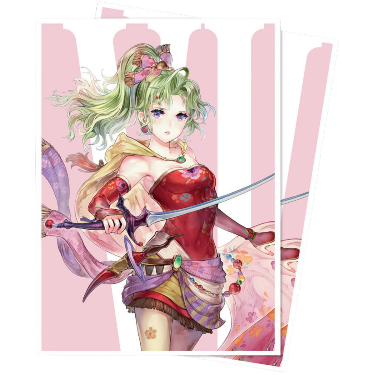 A stack of anime art cards or prints featuring Terra, character with green hair, a red dress, and a sword, shown against a light pink background.