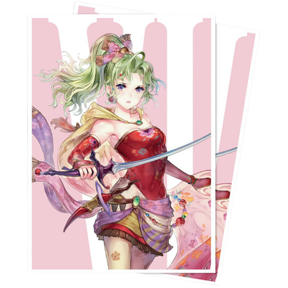 A stack of anime art cards or prints featuring Terra, character with green hair, a red dress, and a sword, shown against a light pink background.