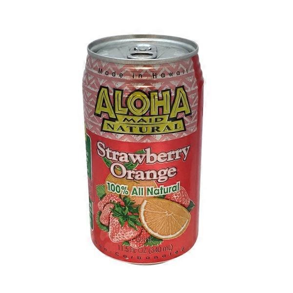 A 12 fl oz aluminum can of Aloha Maid Natural Strawberry Orange soda on a plain white background.