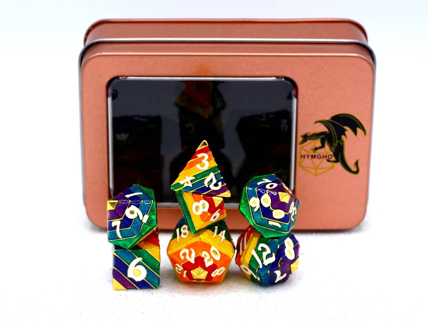 Rainbow Pride solid metal dice set - Gold with White