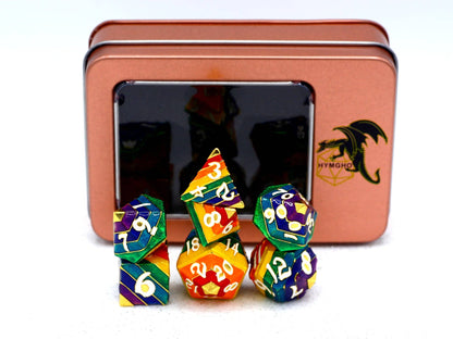 Rainbow Pride solid metal dice set - Gold with White