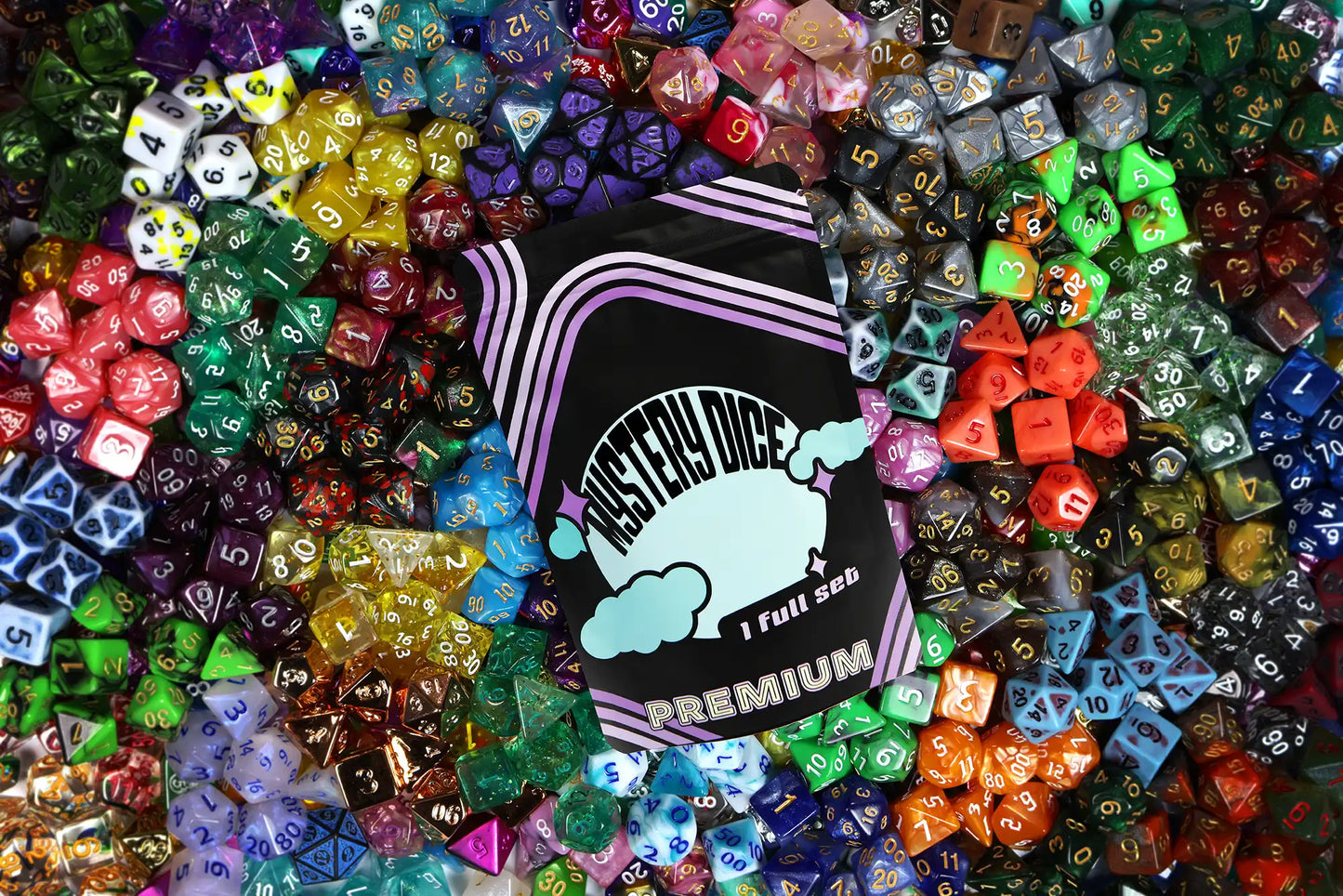 Premium Mystery Dice - 7 Polyhedral Dice, D&D Pin & Sticker