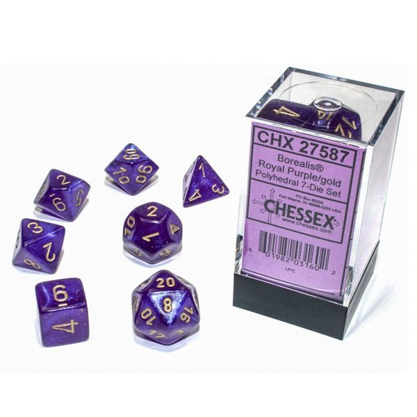 Chessex - 7-Set Cube Borealis Luminary Royal Purple with Gold