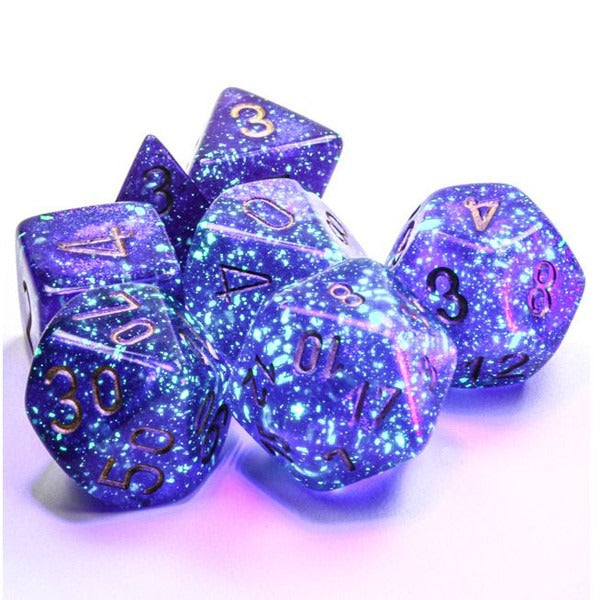 Chessex - 7-Set Cube Borealis Luminary Royal Purple with Gold