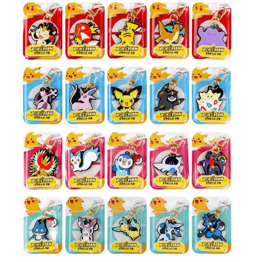 Collection of various Pokémon keychains on display