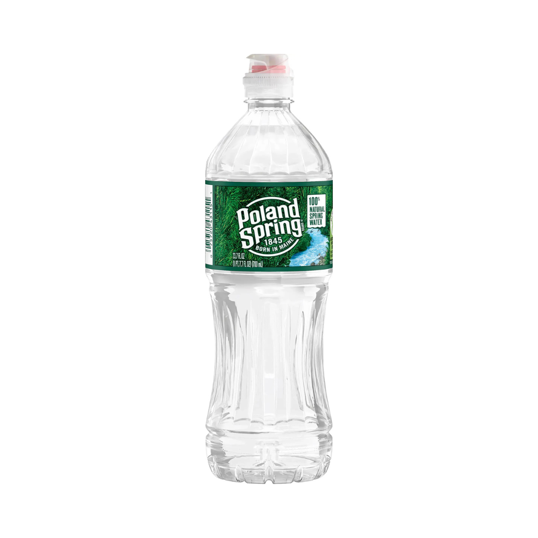 Sport style disposable waterbottle with a green label on a white background